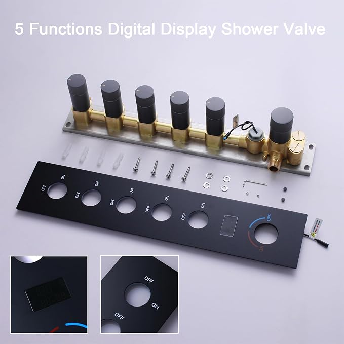 3 Functions Shower Head System Matte Black Shower Faucet Set | 16X26 inch Ceiling Shower, 6 Body Jet, Handheld Shower, Temperature Display, 5 Functions Can All Run Together