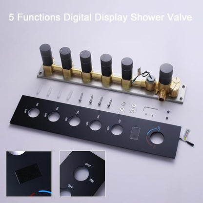 3 Functions Shower Head System Matte Black Shower Faucet Set | 16X26 inch Ceiling Shower, 6 Body Jet, Handheld Shower, Temperature Display, 5 Functions Can All Run Together
