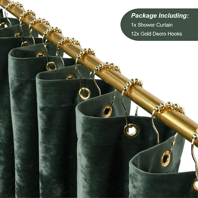 TAMGHO Extra Long Shower Curtain 84 inch Height, Crushed Velvet XL Shower Curtain Set with 12 Gold Hooks, Waterproof Thick Fabric, Machine Washable, 72W x 84H, Dark Green