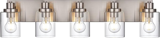 5 Light Brushed Nickel Vanity Lights Bathroom Lighting Fixtures Over Mirror, Modern Bathroom Lights with Clear Glass Shade, Farmhouse Vanity Wall Sconces Lighting for Bedroom Living Room