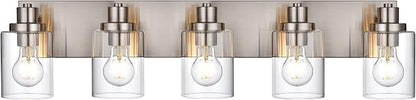 5 Light Brushed Nickel Vanity Lights Bathroom Lighting Fixtures Over Mirror, Modern Bathroom Lights with Clear Glass Shade, Farmhouse Vanity Wall Sconces Lighting for Bedroom Living Room