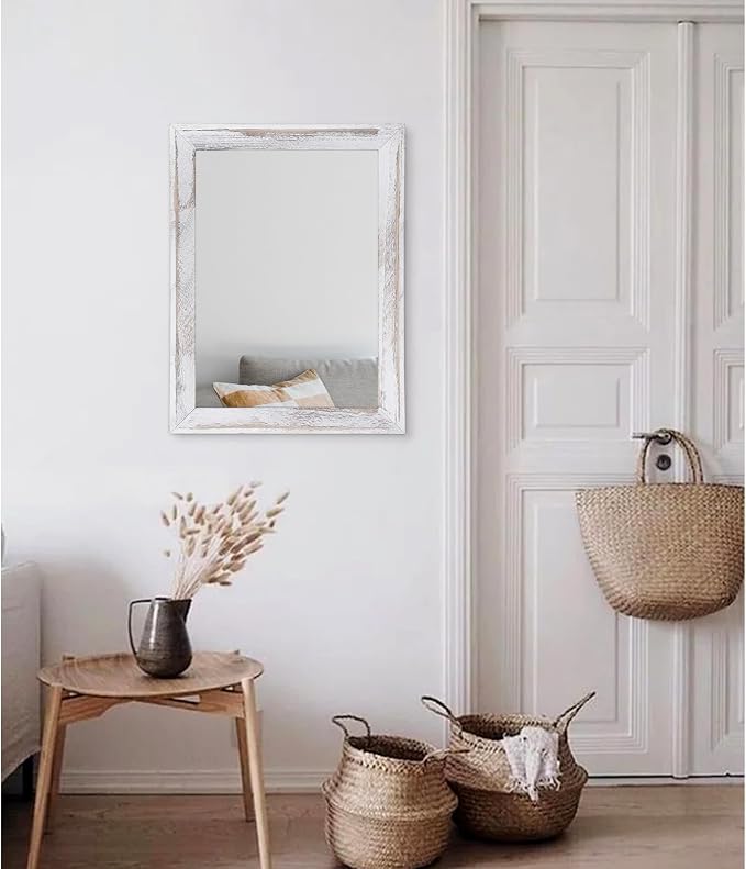 AAZZKANG Mirrors for Wall Rustic Wood Framed Hanging Mirror 20"x16" Decorative for Farmhouse Bedroom Bathroom Living Room Entryway Hallway White