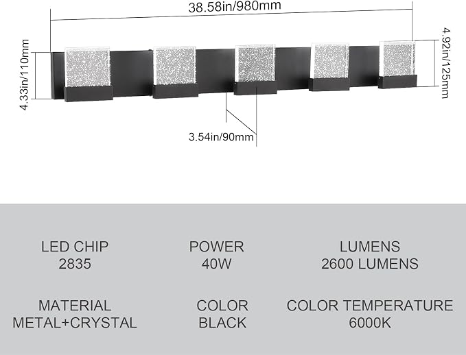 Crystal Black Light Fixtures, 5 Light Vanity Lights, LED Over Mirror, Modern Bathroom Vanity Light 6000K, 39 Inch