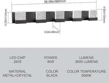 Crystal Black Light Fixtures, 5 Light Vanity Lights, LED Over Mirror, Modern Bathroom Vanity Light 6000K, 39 Inch