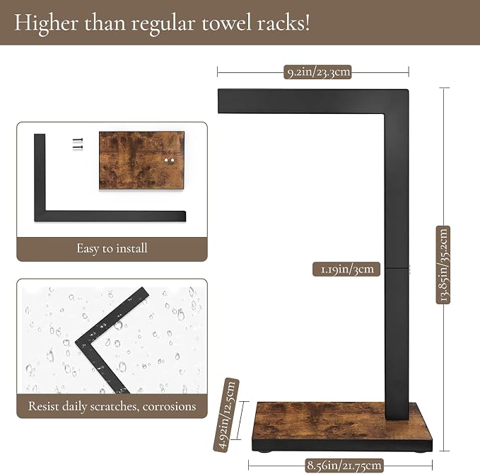 Hand Towel Stand for Bathroom Counter, L-Shape Hand Towel Holder | Towel Holder Stand Height 13.85'' for Vanity Countertop, Kitchen Counter, Rustic Brown-Square Base-L Shape