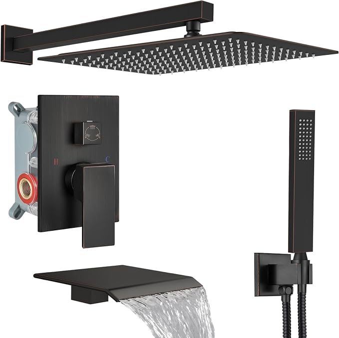 Midanya Shower System with Tub Spout,16 Inch Shower Head,Oil Rubbed Bronze | with Valve & Trim Kit,Square Rain Head,Handheld Sprayer,Waterfall Spout,All Metal Wall Mount Bathroom Shower Tub Faucet Set