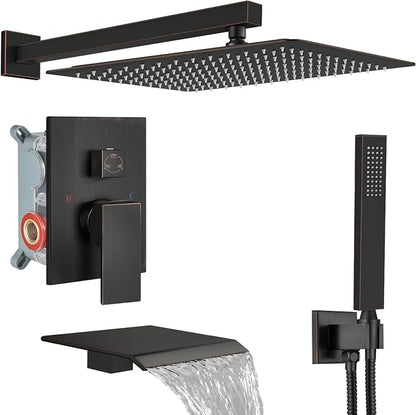 Midanya Shower System with Tub Spout,16 Inch Shower Head,Oil Rubbed Bronze | with Valve & Trim Kit,Square Rain Head,Handheld Sprayer,Waterfall Spout,All Metal Wall Mount Bathroom Shower Tub Faucet Set