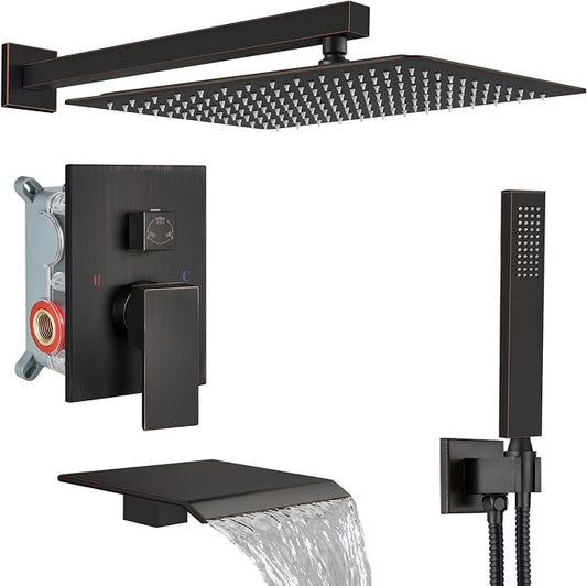 Midanya Shower System with Tub Spout,16 Inch Shower Head,Oil Rubbed Bronze | with Valve & Trim Kit,Square Rain Head,Handheld Sprayer,Waterfall Spout,All Metal Wall Mount Bathroom Shower Tub Faucet Set