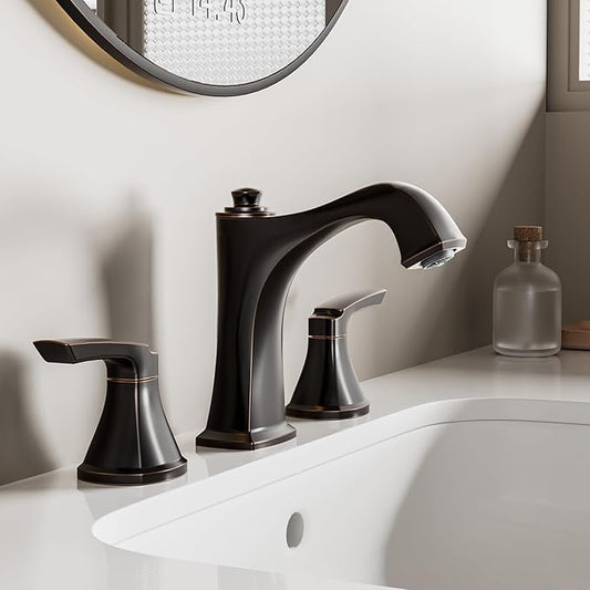Oil Rubbed Bronze Bathroom Faucet 3-Hole, Sanliv Widespread Bathroom Sink Faucet with Pop-Up Drain, 2-Handle Bronze Vanity Faucet for 4-16 Inch Wide Spread Sinks, ORB