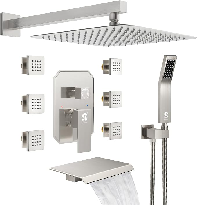 Waist Massage Spray Shower System with 6 Body Jets and Tub Spout, 12'' Rainfall Bathtub Shower System with Shower Jet, Wall Mounted Rain Shower and Handheld Shower Faucet Sets Complete, Brushed Nickel