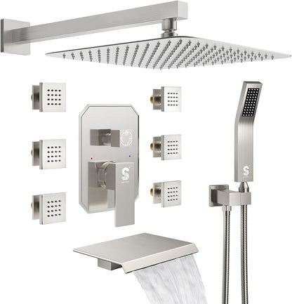 Waist Massage Spray Shower System with 6 Body Jets and Tub Spout, 12'' Rainfall Bathtub Shower System with Shower Jet, Wall Mounted Rain Shower and Handheld Shower Faucet Sets Complete, Brushed Nickel
