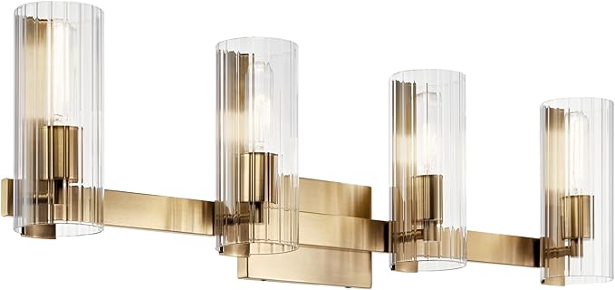 Kichler Jemsa 32" Vanity Light, 4-Light Modern Bathroom Light Fixture with Clear Fluted Glass in Champagne Bronze, for Bathroom or Powder Room, (9.75" H x 32" W), 55169CPZ