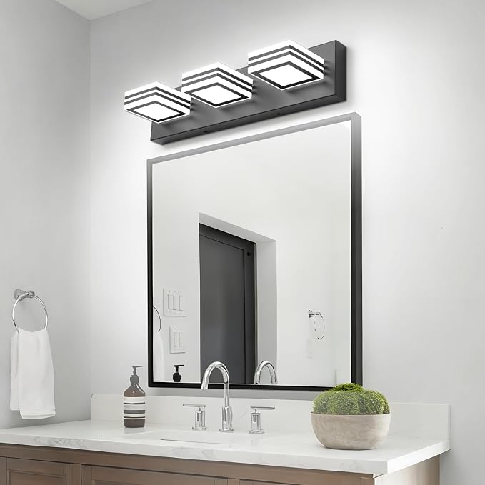 SOLFART LED Bathroom Vanity Light Fixtures： 3 Light Matte Black Modern Acrylic Bathroom Wall Lighting Fixtures Over Mirror Cool White 6000K