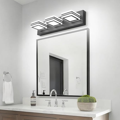 SOLFART LED Bathroom Vanity Light Fixtures： 3 Light Matte Black Modern Acrylic Bathroom Wall Lighting Fixtures Over Mirror Cool White 6000K
