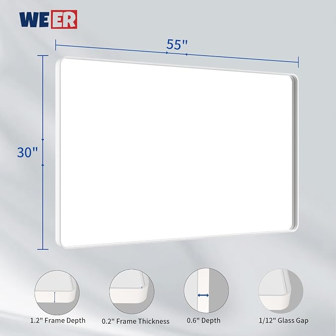 WEER White Metal Framed Bathroom Mirror 55x30 Inch | Rounded Rectangle, Matte White Framed, Tempered Glass, Anti-Rust, Hangs Horizontally or Vertically