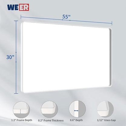 WEER White Metal Framed Bathroom Mirror 55x30 Inch | Rounded Rectangle, Matte White Framed, Tempered Glass, Anti-Rust, Hangs Horizontally or Vertically