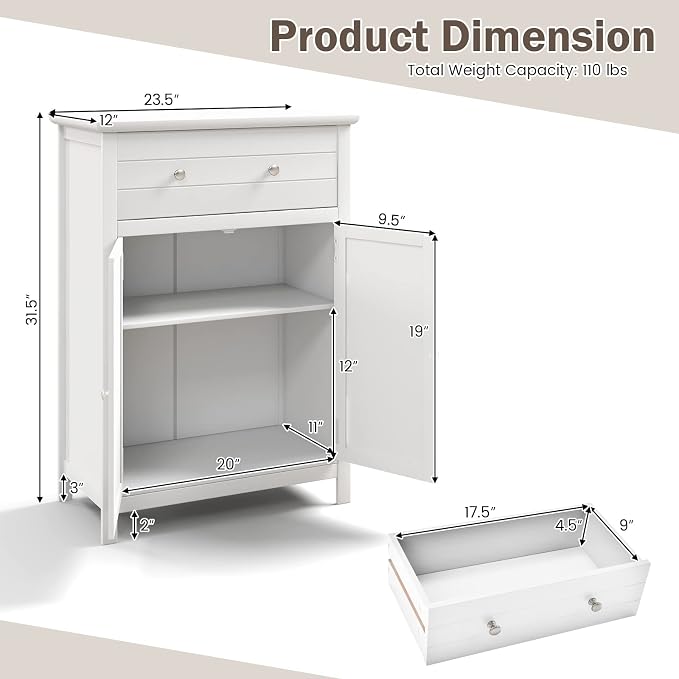 Giantex Bathroom Storage Cabinet with Drawer - Floor Cabinet with Doors, Adjustable Shelf, Storage Organizer for Entryway, Laundry Room, Kitchen, Living Room, Freestanding Cupboard (White)
