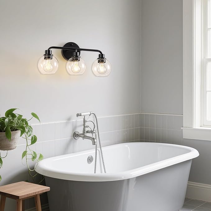 Bathroom Light Fixtures Black Vanity Light, 3 Light Modern Wall Sconces Lighting Bathroom Lights with Globe Clear Glass Shades, Bath Wall Lights Wall Lamp for Mirror Kitchen Living Room Hallway | Wall Sconces Lighting with Globe Clear Glass Shades, Bat...