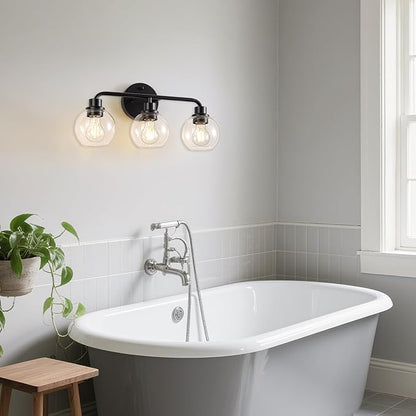 Bathroom Light Fixtures Black Vanity Light, 3 Light Modern Wall Sconces Lighting Bathroom Lights with Globe Clear Glass Shades, Bath Wall Lights Wall Lamp for Mirror Kitchen Living Room Hallway | Wall Sconces Lighting with Globe Clear Glass Shades, Bat...