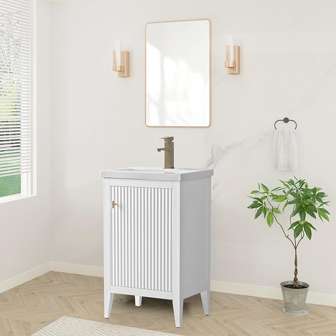 HOMEBEYOND 20" Bathroom Vanity with Ceramic Sink, Solid Wood Free-Standing Vanities Cabinet, Ceramic Top, Golden Brushed Handware & Soft Closing Door, White
