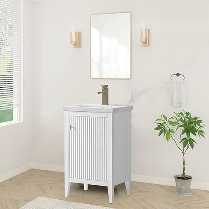 HOMEBEYOND 20" Bathroom Vanity with Ceramic Sink, Solid Wood Free-Standing Vanities Cabinet, Ceramic Top, Golden Brushed Handware & Soft Closing Door, White