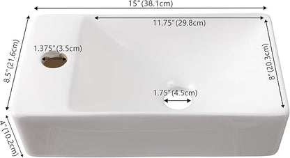 JONATHAN Y SNK1004A-L Felix 15 in. W x 8 in. D Modern Wall Mounted Rectangular Ceramic Mini Sink Basin, Left-Side Faucet, White
