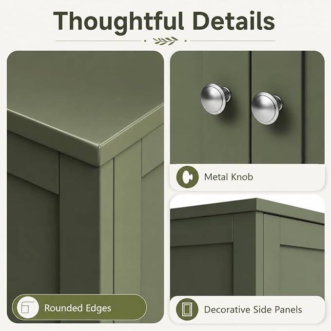Nuturelly Bathroom Floor Storage Cabinet, 4 Doors, Anti-Tip, Pale Green | 23.7"D x 11.9"W x 42.6"H, Adjustable Shelves, Shaker style, 5-position Shelves, Rounded Corners, Easy Assembly
