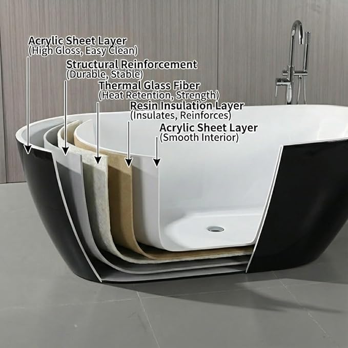 Garvee 67" Deep Soaking Bathtub, Non-Slip Acrylic Tub with Chrome Drain, cUPC Certified, Ergonomic Modern Bath for Bathrooms, Easy-Install, Black Upturned