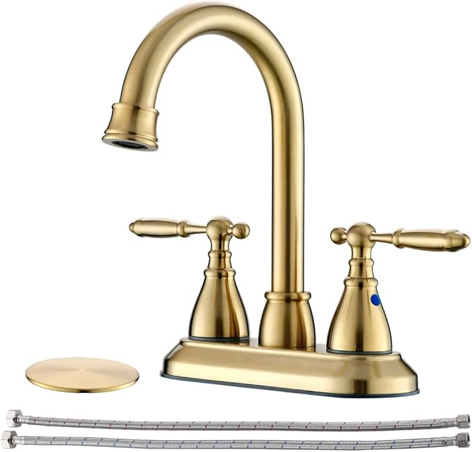 Brushed Gold Bathroom Faucet with Pop-up Drain Assembly, 2 Handles Centerset Bathroom Sink Faucet 4 Inch with 360° Swivel Spout, Stainless Steel Faucet for Vanity Sink with Water Supply Lines