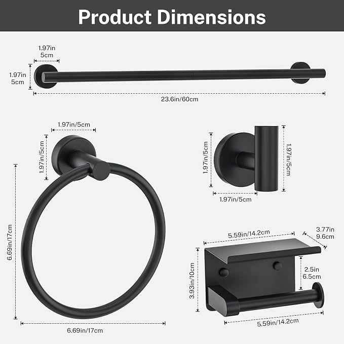 Matte Black Towel Bar Set 5 Pieces Bathroom Hardware Accessories Set Round Towel Holder Set for Bathroom Upgraded Toilet Paper Holder Stainless Steel Wall Mounted Towel Rack Set,23.6 Inch