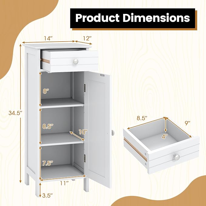 Giantex 34.5" Bathroom Cabinet with Drawer & Single Door (White) | Narrow Side Storage Organizer with 6 Shelf Positions, Freestanding Floor Storage Cabinet for Bathroom, Living Room, Entryway