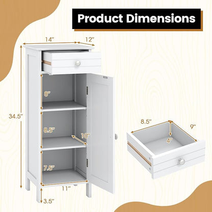 Giantex 34.5" Bathroom Cabinet with Drawer & Single Door (White) | Narrow Side Storage Organizer with 6 Shelf Positions, Freestanding Floor Storage Cabinet for Bathroom, Living Room, Entryway