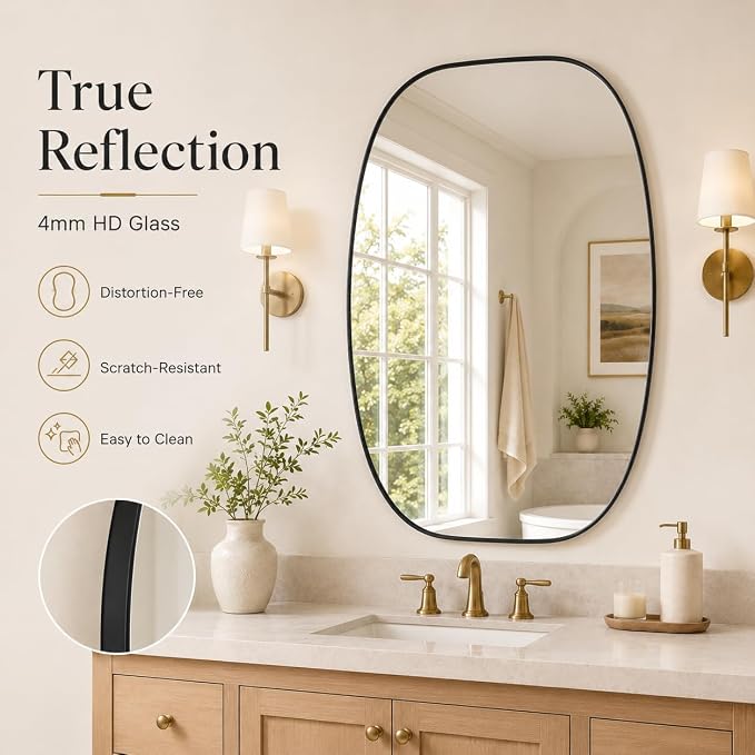 Black Oval Bathroom Mirror 30x40 Inch | Oblong Vanity Mirror, Crystal-Clear HD Glass, Rust-Proof Aluminum Frame, Elegant Inner-Curved Edge, Modern Contemporary Style