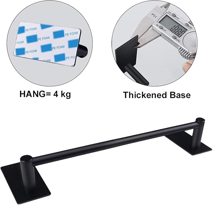 NearMoon Self Adhesive Bathroom Towel Bar- Stainless Steel Bath Wall Shelf Rack Hanging Towel Stick On Sticky Hanger Contemporary Style, NO Drilling (1 Pack, Matte Black, 9-Inch Towel Rack)