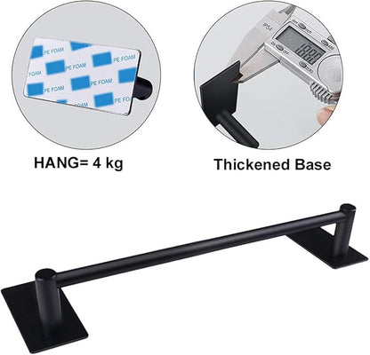 NearMoon Self Adhesive Bathroom Towel Bar- Stainless Steel Bath Wall Shelf Rack Hanging Towel Stick On Sticky Hanger Contemporary Style, NO Drilling (1 Pack, Matte Black, 12-Inch Towel Rack)