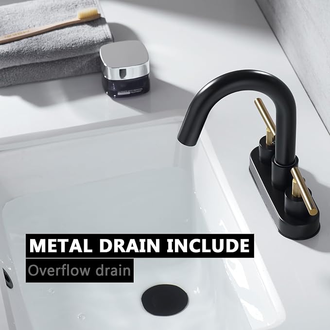 Bathroom Faucet, 3-Hole Black and Gold Vanity Faucet with Metal Sink Drain, 2-Handle 4-Inch Centerset