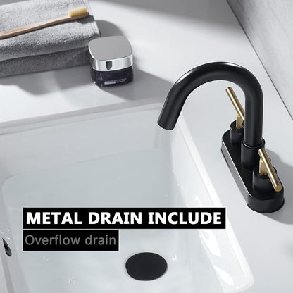 Bathroom Faucet, 3-Hole Black and Gold Vanity Faucet with Metal Sink Drain, 2-Handle 4-Inch Centerset