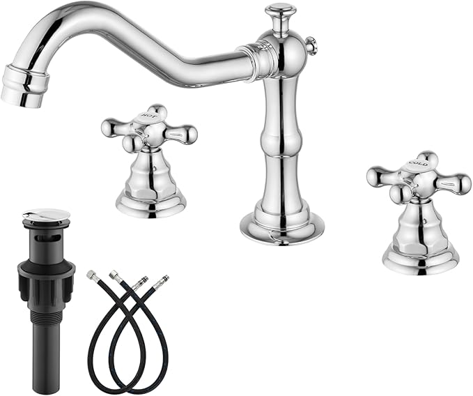 gotonovo Bathroom Faucet 3 Hole 8 Inch Widespread Bathroom Sink Faucet 2 Cross Handles Vintage Lavatory Vanity Mixer Tap with Pop Up Drain, HOT Cold Label, Polish Chrome