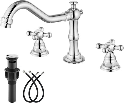 gotonovo Bathroom Faucet 3 Hole 8 Inch Widespread Bathroom Sink Faucet 2 Cross Handles Vintage Lavatory Vanity Mixer Tap with Pop Up Drain, HOT Cold Label, Polish Chrome