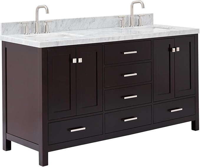 ARIEL Cambridge 66-inch Bathroom Vanity with Sink,Solid Wood, 1.5-inch Italian Carrara Marble Countertop, Double Rectangular Porcelain Sink, 4 Soft Closing Doors, 6 Dovetail Drawers, Espresso