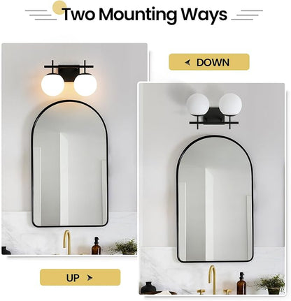 AIJIASI Black Bathroom Light Fixture Over Mirror, 2-Lights Vanity Lights with Milky White Frosted Glass Shade Mid Century Farmhouse Light Fixtures for Bathroom Above Mirror (Exclude E26 Bulb)