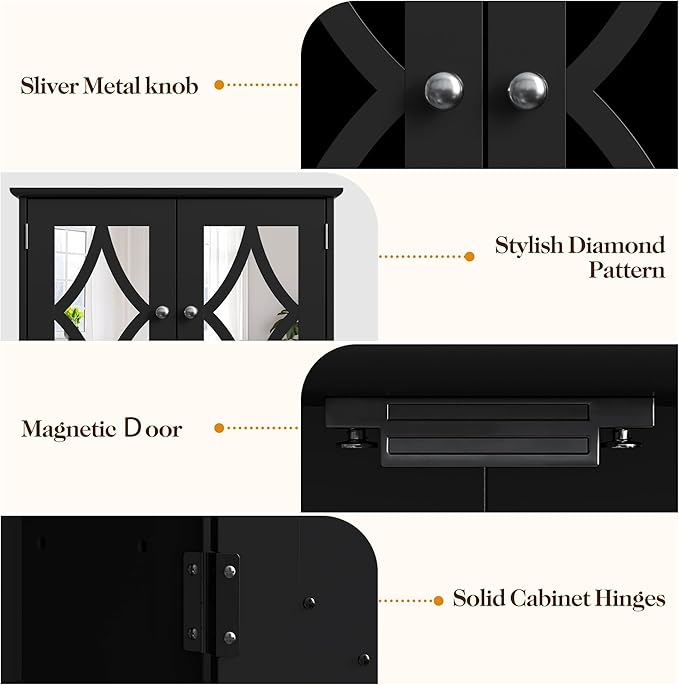 Vanity Wall Mounted Storage Cabinet with Adjustable Shelves and Towel Bar, Bathroom Medicine Cabinet with Mirror, Hanging Wall Cabinet for Bathroom, Laundry, Living Room, Black