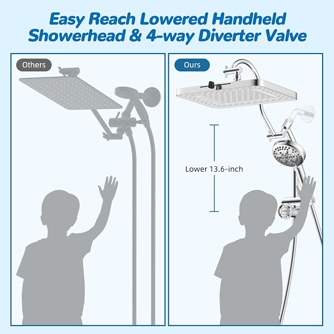 Hibbent 5-spray Dual Filtered White Rain Shower Head, 10 Spray Handheld | Shower Heads with Handheld 10-Spray Combo, All Metal Easy Reach 4-way Diverter Extension Arm, 71'' Hose & Holder, Chrome