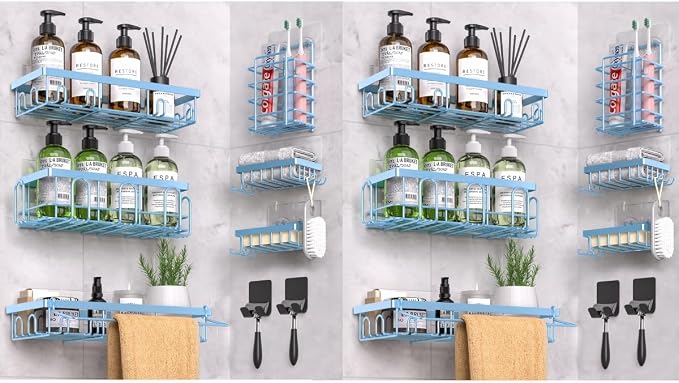DTUQYX Shower Caddy 18 Pack,Adhesive Organizer for Bathroom Decor Accessories & Kitchen Storage,No Drilling,Large Capacity,Rustproof Stainless Steel Organizer,Home Decor Shelves (Blue 18 Pack)