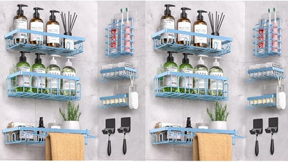 DTUQYX Shower Caddy 18 Pack,Adhesive Organizer for Bathroom Decor Accessories & Kitchen Storage,No Drilling,Large Capacity,Rustproof Stainless Steel Organizer,Home Decor Shelves (Blue 18 Pack)