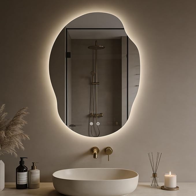 LED Bathroom Mirror with Lights, Asymmetrical Irregular Backlit Vanity Mirror, 35" H x25 W, Anti-Fog, Dimmable 3 Color Temp, Memory, Hardwired Mount, Horizontal/Vertical