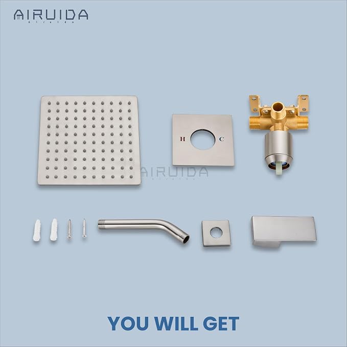 Airuida Brushed Nickel Shower Faucet Set,8 Inch Shower Valve Kit | Square Showerhead,Female Thread Rough-in Valve,Bathroom Rain Shower System,Single Function Handle