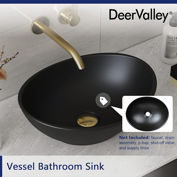DeerValley DV-1V0011 Horizon Black Bathroom Sink, 16"x13" Oval Bathroom Vessel Sink Above Counter Vanity Ceramic Sink
