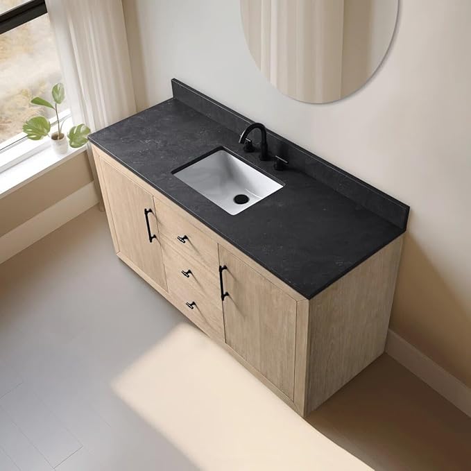 Vanity Art 60" Bathroom Vanity with Sink, Vanity Cabinet with Doors and Shelf, Modern Wood Bathroom Vanity with White Marble Top, Solid Wood Frame, 3 Functioning Drawers,VA70-60-SLW-E