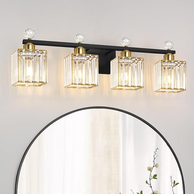 Lxybcce Bathroom Vanity Lights Over Mirror - Easy Installation with Clear Guide, 4-Light Shadow-Free Design, Black and Gold Crystal Finish - for Modern Home Bathroom Lighting Fixtures in DIY Projects
